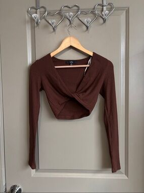 Lulu's Chocolate Brown Ribbed Twist-Front Long Sleeve Crop Top